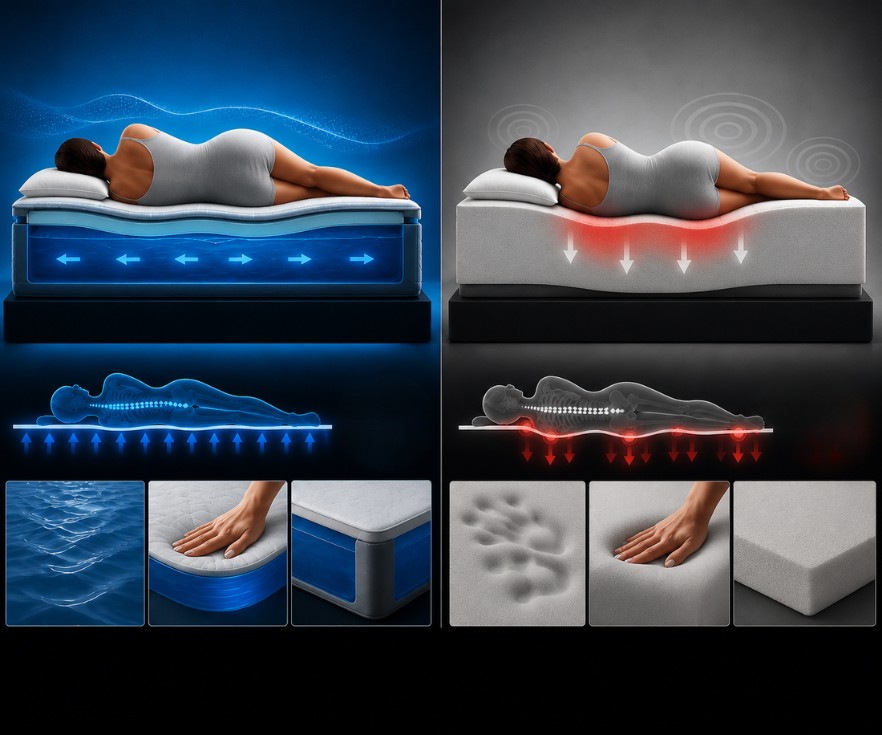 Confronto visivo tra materasso AKVA ad acqua e materasso in memory foam