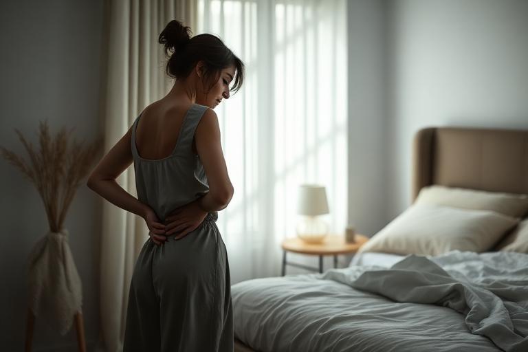 Donna con dolore alla schiena vicino al letto